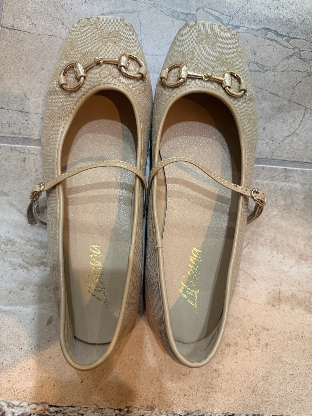 Beige Mary Jane Ballet Flats with Gold Horsebit Accent